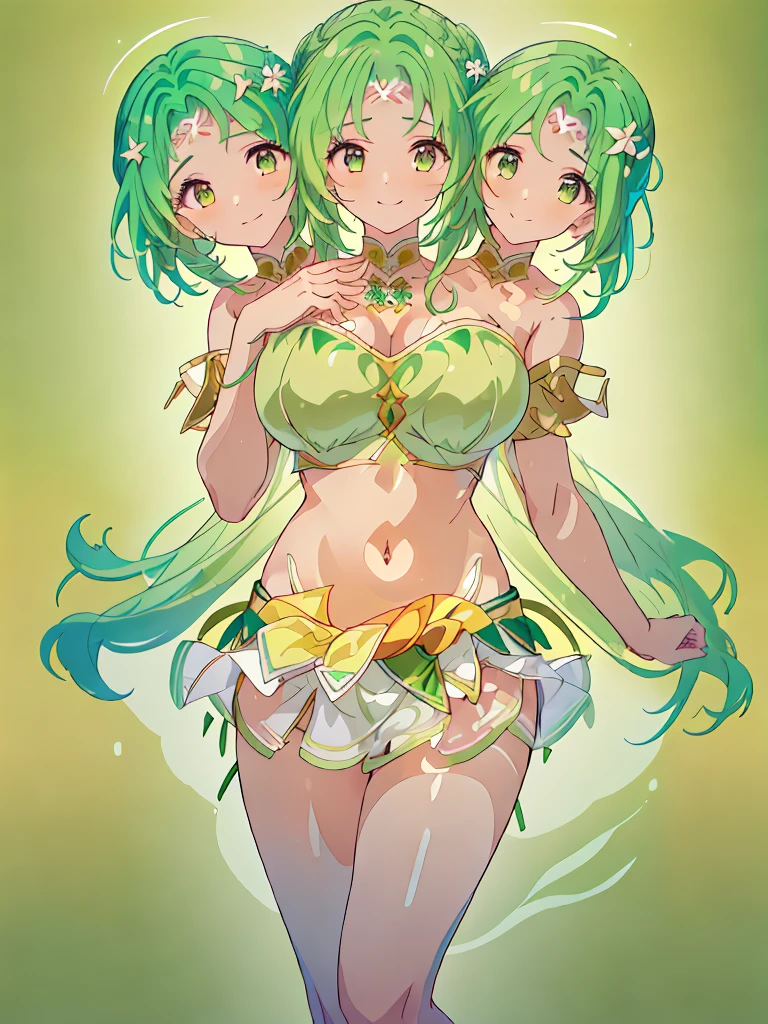 (masterpiece, best quality), best resolution, (3heads:1.5), 1girl, 16k resolution, highres, ultra quality, ultra resolution, ultra detail, FEElincia, green hair, flowing hair, smiling, soft smile, open belly, white-green crop top, green-white miniskirt, open breasts, very huge tits, sexy pose,
