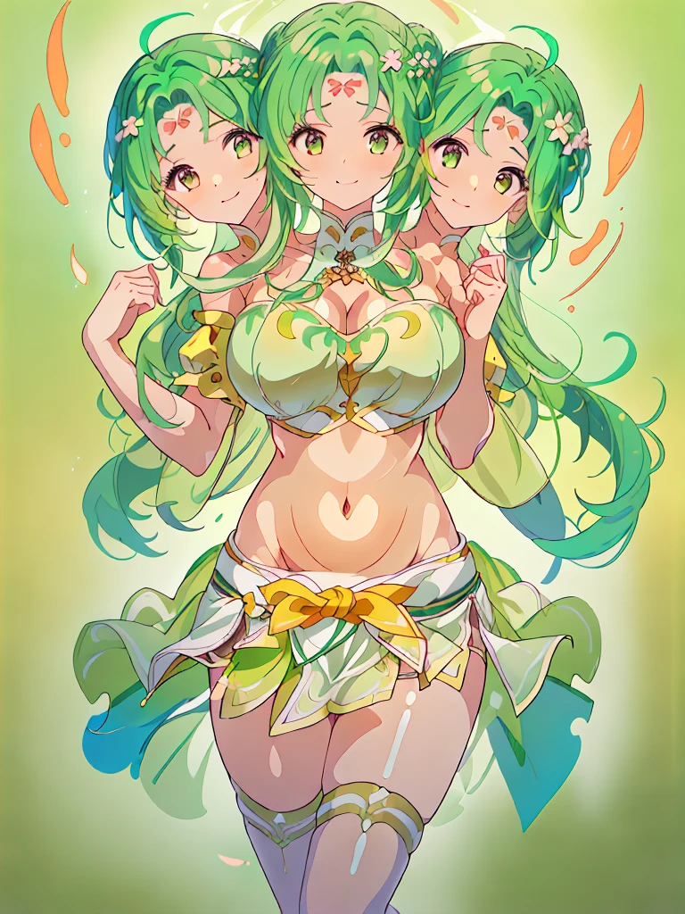 (masterpiece, best quality), best resolution, (3heads:1.5), 1girl, 16k resolution, highres, ultra quality, ultra resolution, ultra detail, FEElincia, green hair, flowing hair, smiling, soft smile, open belly, white-green crop top, green-white miniskirt, open breasts, very huge tits, sexy pose,
