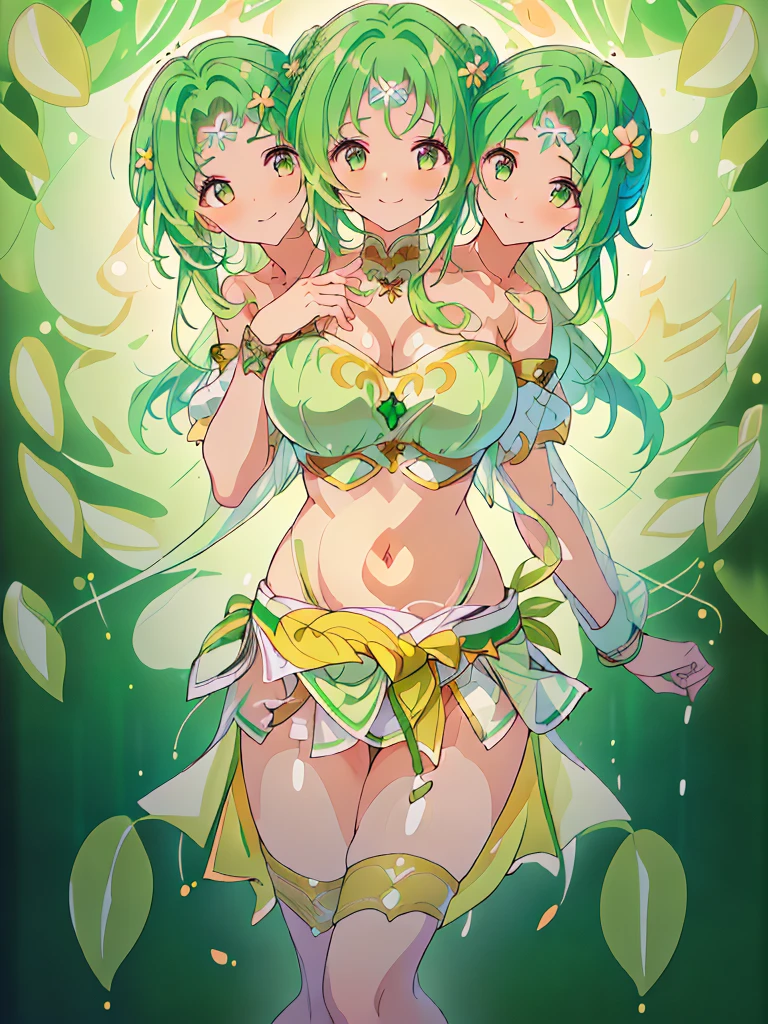 (masterpiece, best quality), best resolution, (3heads:1.5), 1girl, 16k resolution, highres, ultra quality, ultra resolution, ultra detail, FEElincia, green hair, flowing hair, smiling, soft smile, open belly, white-green crop top, green-white miniskirt, open breasts, very huge tits, sexy pose,
