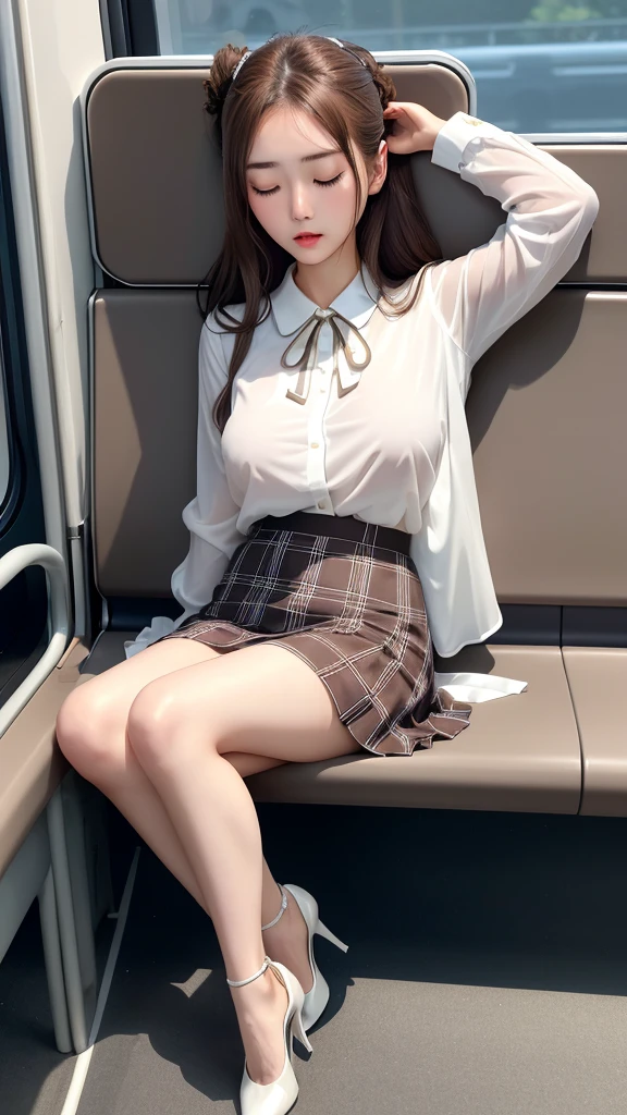 20-year-old women,,Clear images、Real women　、Brown Hair, Medium Hair〜Half-up、She is sleeping soundly with her mouth open.., Slim figure ,Breasts are a little bigger than normal , Head to toe full body shot, Shiny white high heels、 Blouse with ribbon on the chest、Checkered mini skirt, Sit comfortably in the back of the bus, 、私 threw my head back and fell into a deep sleep..,Arms hanging down. I&#39;m exhausted on the way home after work..Sleeping like the dead.My knees are open, Both feet are on the floor, sleeping face, close your eyes, Mouth wide open and drool、Tilt your head back and look up, I can rest my head on the seat and sleep soundly..., Anatomically correct,Composition looking up from the front 