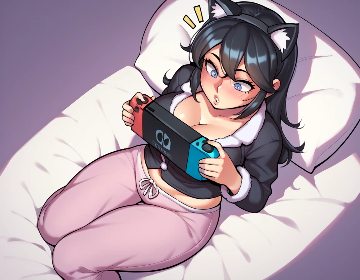 punctuation_9, punctuation_8_High above, punctuation_7_High above, punctuation_6_High above, punctuation_5_High above, punctuation_4_High above, 1girl, Nerd,Bblack hair, shorth hair, a cartoon image of a woman(dressed as a black cat)with a big chest, sitting on the cushion (blue in color), white scenario, with Nintendo switch in hand, fluffy chest, in pajamas(dressed as a black cat), anime cel shaded, Covered breasts and SFW, wearing pajamas(sitting on the cushion (blue in color), with a Nintendo Switch in hand), Kantai Collection Style, anime moe art style, white_mitts, seductive anime girl((dressed as a black cat)), brincando with a Nintendo Switch in hand, playing on it(spiral eye)White background,Sitting on a cushion(large pillow is a black stuffed cat).