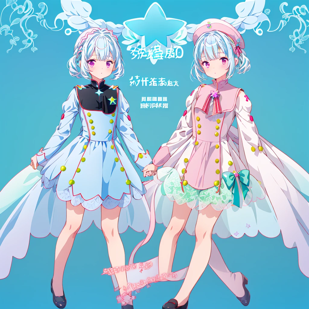 1girl、Star Fairy、Star incarnation、Character design front view、A picture facing the viewer、(((Super detailed、Highest quality、Masterpiece)))、Original cute hairstyle、Milky white and blue hair color、Simple Green Background、vtuber-fullbody,Original cute clothes in jet black and magenta、uhlan tunic