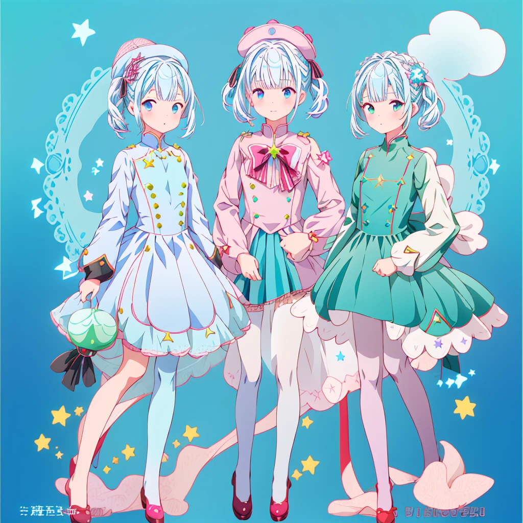 1girl、Star Fairy、Star incarnation、Character design front view、A picture facing the viewer、(((Super detailed、Highest quality、Masterpiece)))、Original cute hairstyle、Milky white and blue hair color、Simple Green Background、vtuber-fullbody,Original cute clothes in jet black and magenta、uhlan tunic