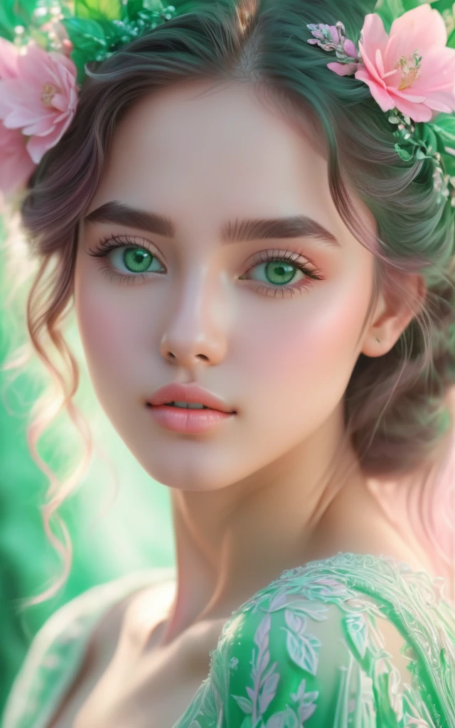 (best quality, 4K, 8K, high-resolution, masterpiece), ultra-detailed, colorful pastel, beautiful young woman, digital art, detailed facial features, light pink tones, emerald tones, charming character illustrations, soft focus, intricate design, gentle expression, ethereal atmosphere, vibrant colors, delicate details, artistic elegance, high detail, high resolution.