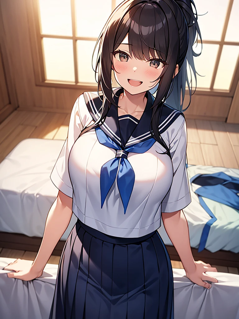 Student council room, dignified smile, open-mouthed laughter, gah-haha laughter, hall々Tall woman standing:1.9 Tall, well-built, adult woman, bottom view, white summer sailor uniform, navy blue skirt, spirit, short black hair, ponytail:1.9 Long hair Straight hair Hair tie Swept bangs to the side:1.9. Slanted eyes, brown eyes, tall, strong-willed, beautiful, large breasts