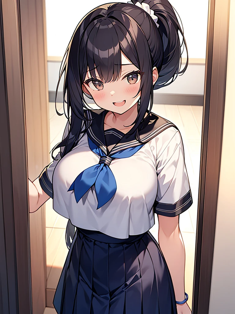 Student council room, dignified smile, open-mouthed laughter, gah-haha laughter, hall々Tall woman standing:1.9 Tall, well-built, adult woman, bottom view, white summer sailor uniform, navy blue skirt, spirit, short black hair, ponytail:1.9 Long hair Straight hair Hair tie Swept bangs to the side:1.9. Slanted eyes, brown eyes, tall, strong-willed, beautiful, large breasts