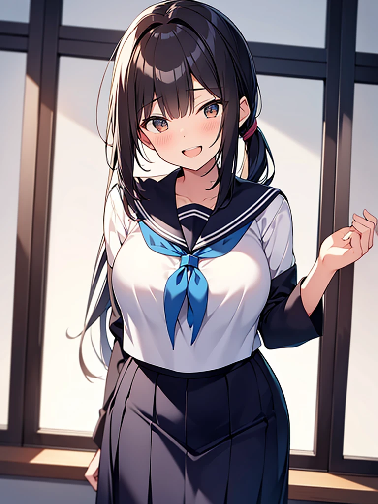 Student council room, dignified smile, open-mouthed laughter, gah-haha laughter, hall々Tall woman standing:1.9 Tall, well-built, adult woman, bottom view, white summer sailor uniform, navy blue skirt, spirit, short black hair, ponytail:1.9 Long hair Straight hair Hair tie Swept bangs to the side:1.9. Slanted eyes, brown eyes, tall, strong-willed, beautiful, large breasts