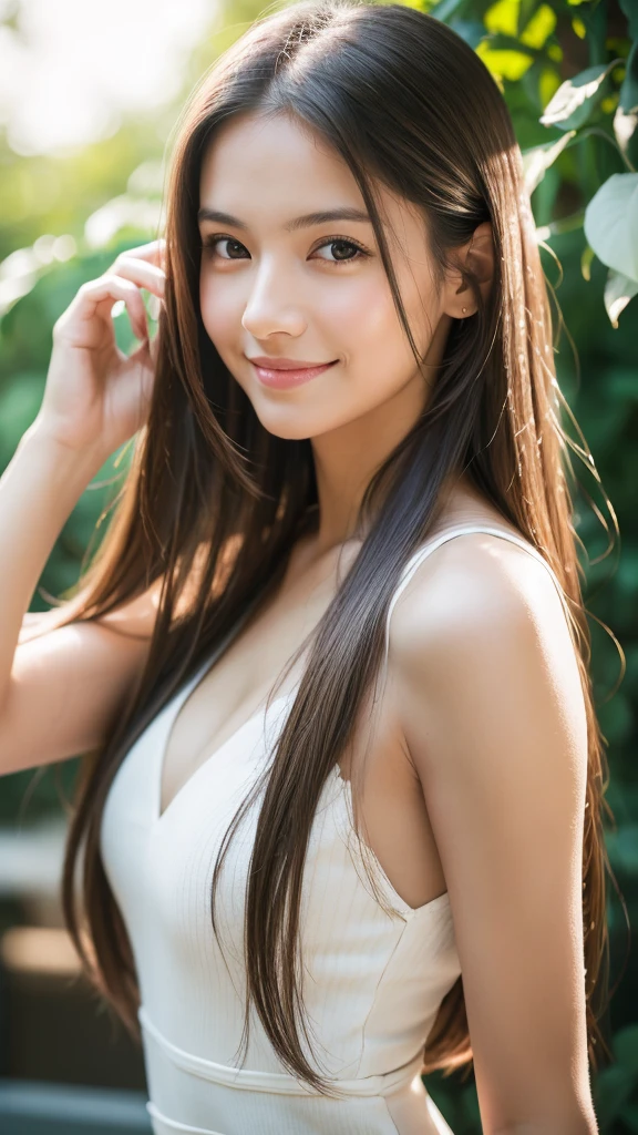 A woman taking a photo, smile, Happy, Long Hair, Straight hair, Detailed skin, Daytime, Hot summer day, Natural light, Detailed face:1.2, Sharp focus, Hasselblad Photography, masterpiece, light makeup, Cinema Lighting, 4K, Highest quality