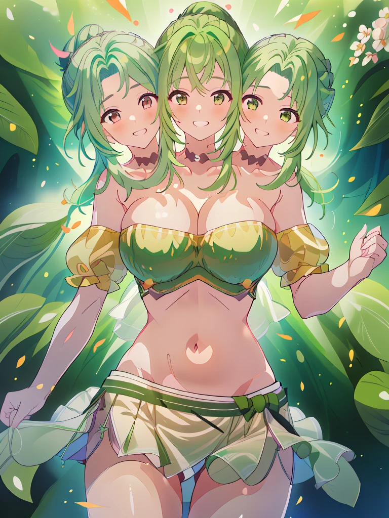 (masterpiece, best quality), best resolution, (3heads:1.5), 1girl, 16k resolution, highres, ultra quality, ultra resolution, ultra detail, FEElincia, green hair, ponytail, smiling, soft smile, open belly, white-green crop top, green-white miniskirt, open breasts, very huge tits, sexy pose,
