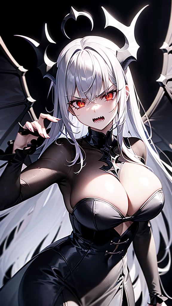 masterpiece, high quality, 4K, HDR, gothic-style figure, combative stance, disgruntled expression, open mouth revealing sharp teeth, narrowed eyes, red irises, pale skin, silver hair, intake hairstyle, black halo hovers above the head, large black wings protrude from the back. Black horns adorn the head