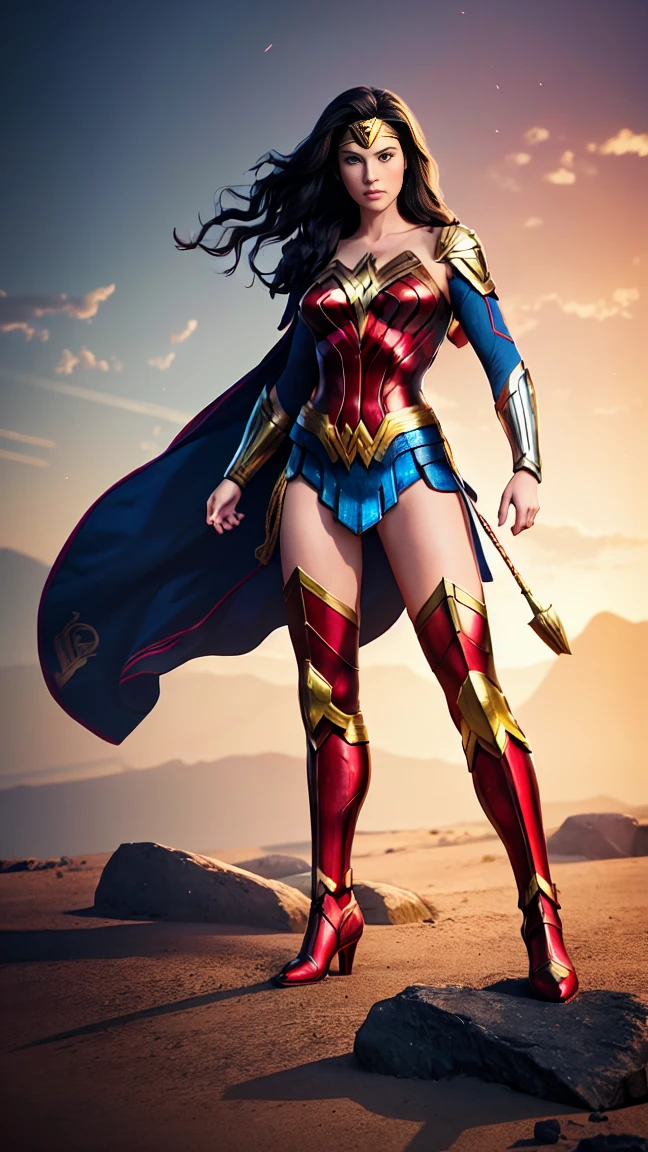 ((Full body photo, standing, feet on the ground))  Wonder Woman, TM Samurai, intricate face details, poster style, icons, vibrant colors, vector style, digital art, 4K, intricate details, mesmerizing, professionally made, beautiful vector illustration, 12K resolution, 3D, all characters in detailed full body, highly detailed, vibrant, ultra high quality, Hyperrealism, Photorealism, octane render]