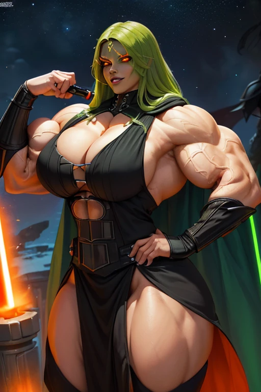 ((Massive, tall, beautiful, buff, muscular light brown skinned female Sith Lord with green hair, black lipstick, ginormous bulky muscles, holding a red lightsaber and wearing a tiered gothic dress with a Sith hood)), (close view), black eyeliner, (massive muscles), massive biceps, hyper muscle triceps, long curvy hair, (((glowing orange eyes))), ((tiered gothic dress)), thigh high boots, In space, (Sith hood), nighttime, (evil smile), hyper muscles arms, hyper muscle legs, massive arms
