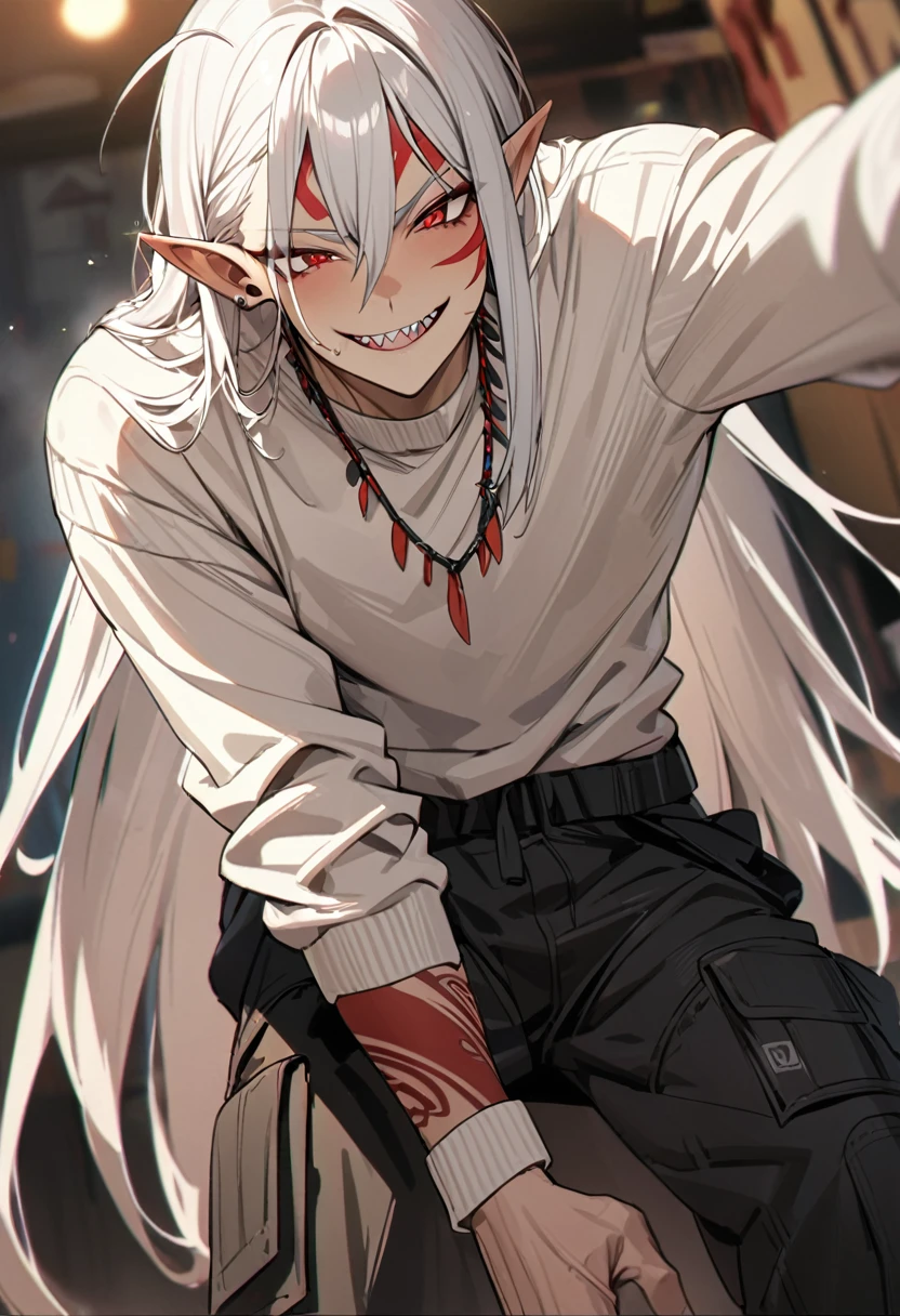 boy, white hair, long straight hair, red eyes, wild smile, sharp teeth, pointed ears, beige skin, white sweater, black cargo pants, red tribal tattoos, facial red tattoo, feather necklace, high quality, high details, 4K, anatomically correct