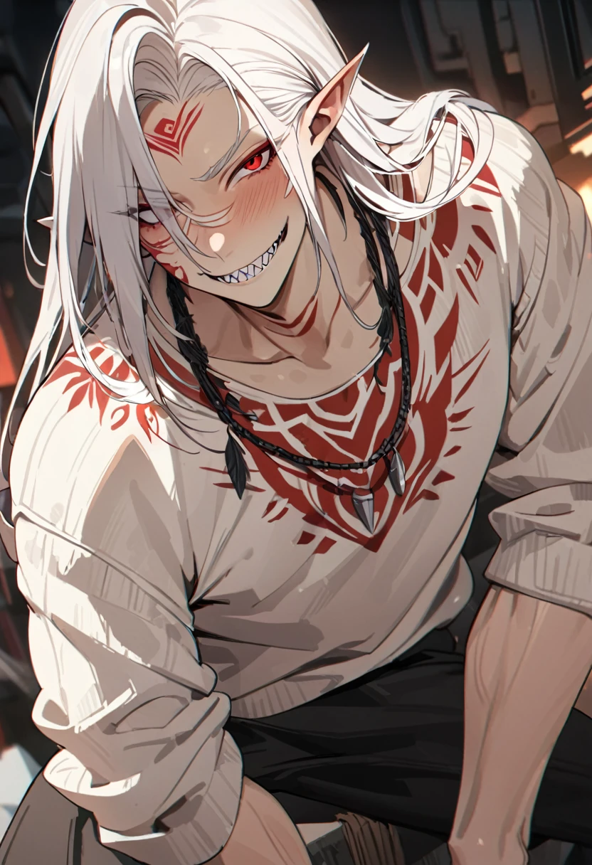 boy, white hair, long straight hair, red eyes, wild smile, sharp teeth, pointed ears, beige skin, white sweater, black cargo pants, red tribal tattoos, facial red tattoo, feather necklace, high quality, high details, 4K, anatomically correct