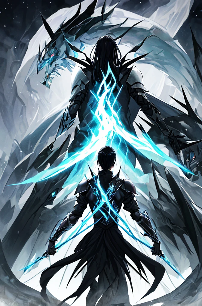 white-blue eyes, black hair, night swordsman, in front of the hydra, nasty day, preparation for war, wicked, back view, 1 boy