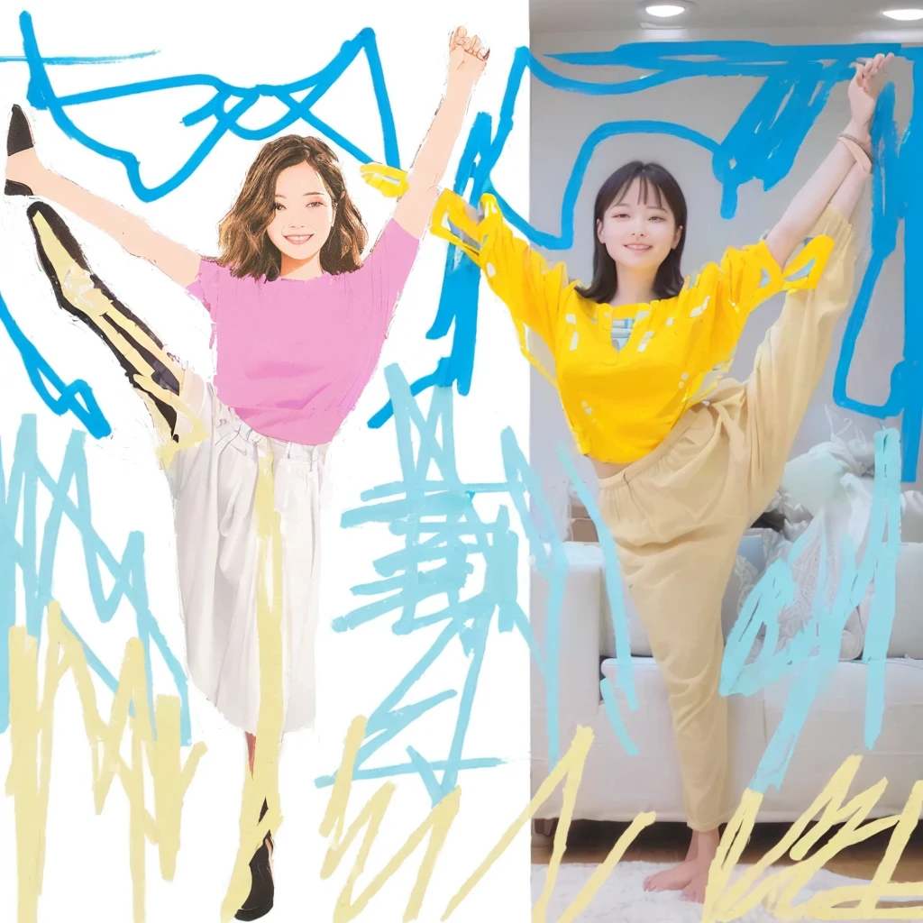 arafed image of a woman standing in front of a couch and a drawing of a woman standing in front of a couch, [ digital art ]!!, in blue and yellow clothes, pose(arms up + happy), digital collage, photoillustration, digital art illustration, in style of digital illustration, magazine illustration, yoshitomo nara and aya takano