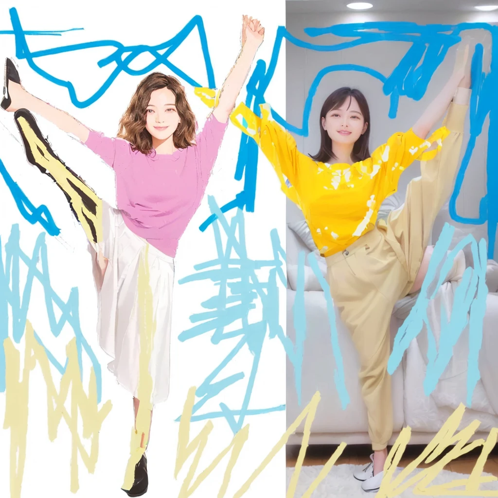 arafed image of a woman standing in front of a couch and a drawing of a woman standing in front of a couch, [ digital art ]!!, in blue and yellow clothes, pose(arms up + happy), digital collage, photoillustration, digital art illustration, in style of digital illustration, magazine illustration, yoshitomo nara and aya takano