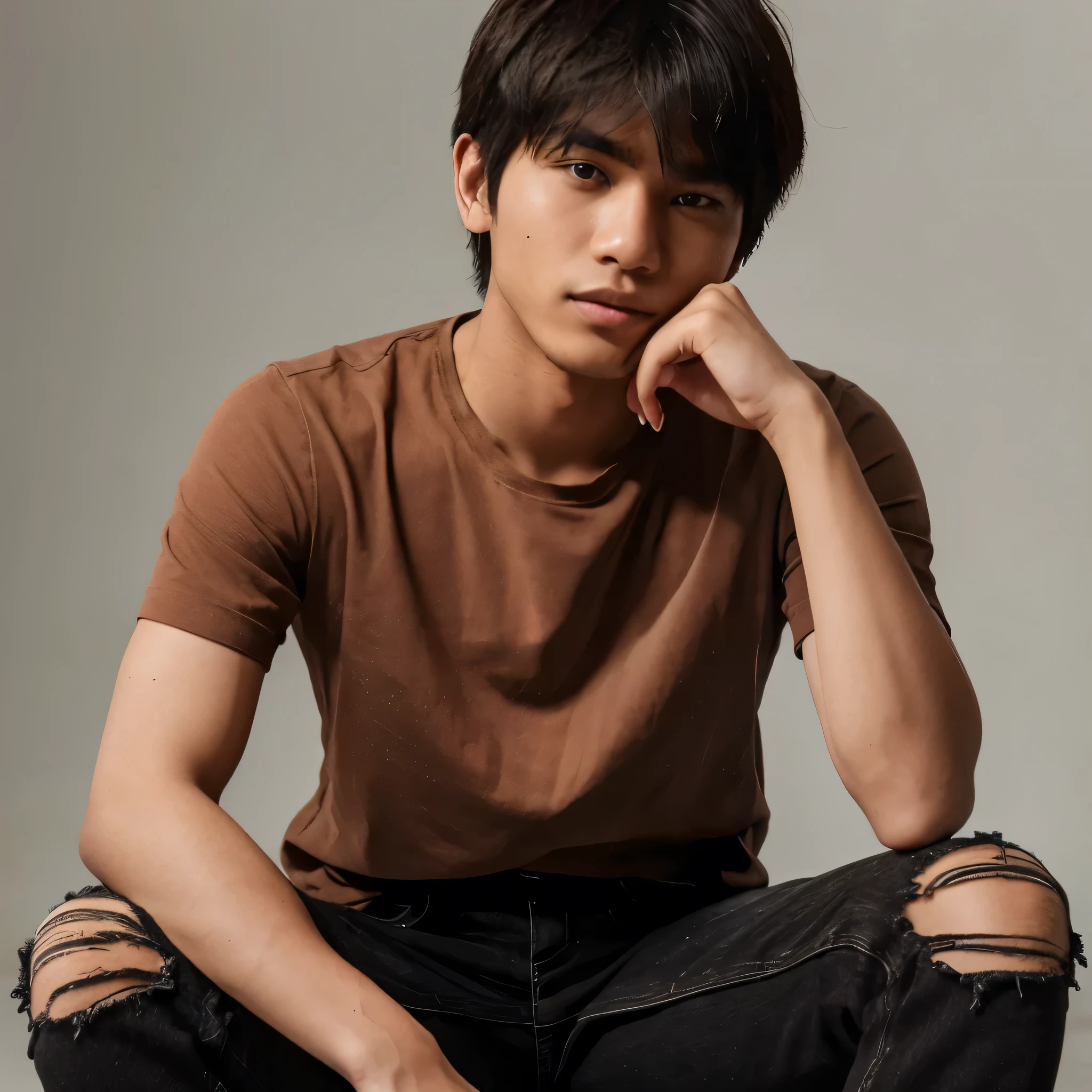 a 20-year-old Indonesian man wearing a brown short-sleeved shirt with fringe and ripped black jeans and white sneakers while posing coolly with his face detailed and clear against the studio background