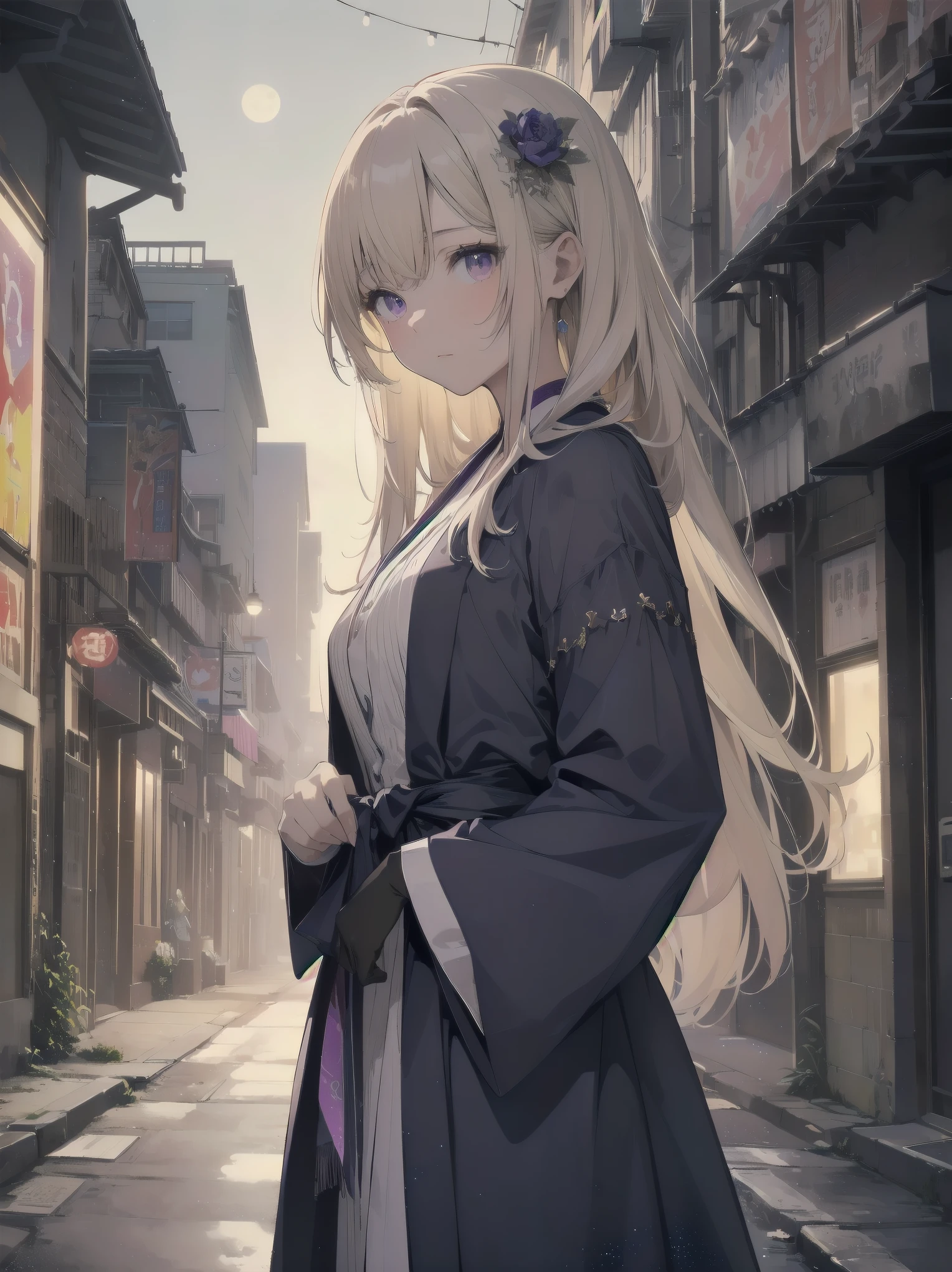 masterpiece, 8k, Highest quality, Very detailed, Purple & A beautiful girl in a blue magical robe with a moon motif、Close-up on the characters、(building, city、A dense fog of fluorescent particles、1800Era、Western style、Fiction、grow、Overwhelming、Detailed street)、A pretty woman with a beautiful background and a lovely pose
