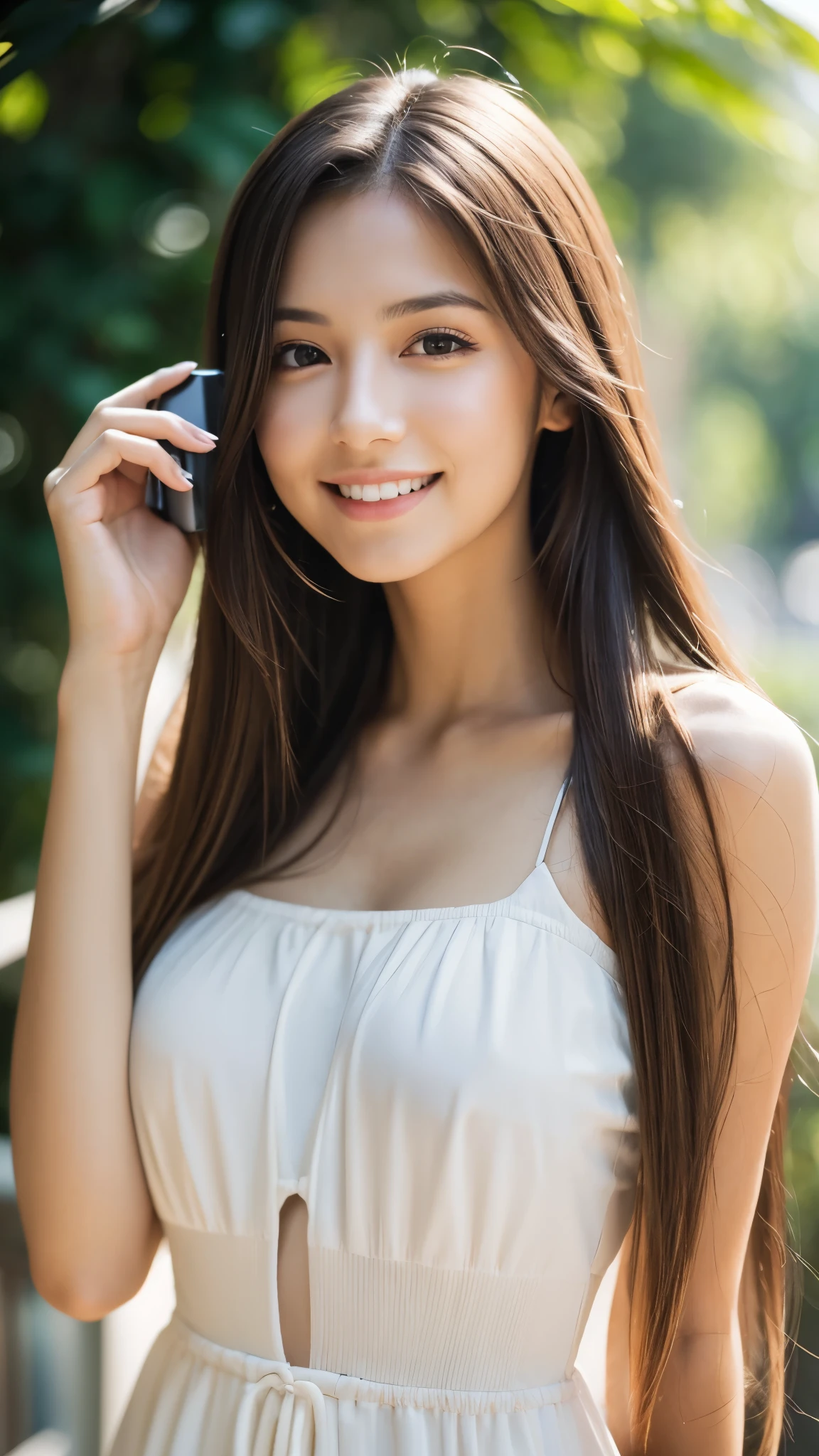 A woman taking a photo, smile, Happy, Long Hair, Straight hair, Detailed skin, Daytime, Hot summer day, Natural light, Detailed face:1.2, Sharp focus, Hasselblad Photography, masterpiece, light makeup, Cinema Lighting, 4K, Highest quality