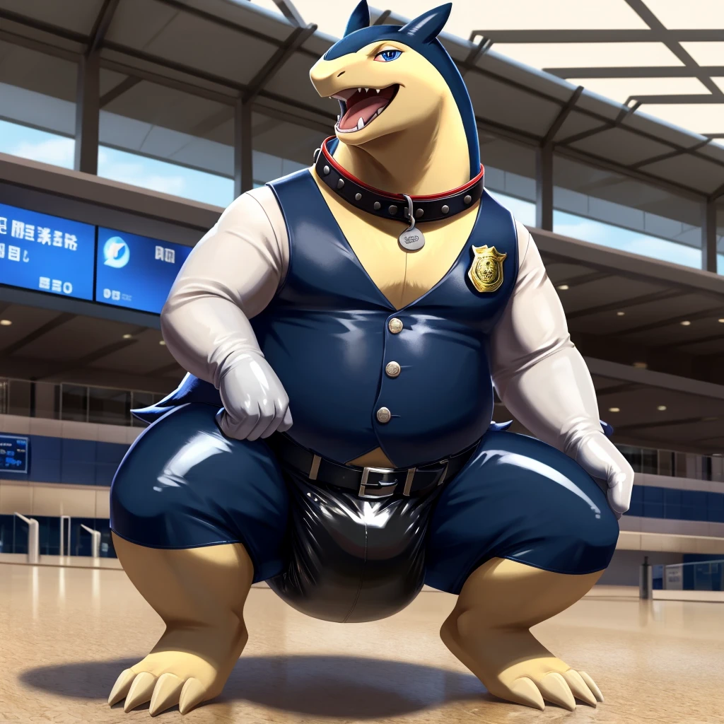 Solo, Male, fat, squatting, extremely obese, gentleman, dapper Typhlosion, pooping in diaper, blue eyes, (soft shading), 4k, hi res, ((detailed face, detailed)), looking at viewer, evil grin, Airport, TSA, TSA Uniform, collared shirt with buttons, hat, male focus, Police Uniform, glasses, monocle, vest with buttons, sleeves rolled up, round eyewear, headwear, vest, Typhlosion is wearing a glossy leather dog collar around the neck, Typhlosion is wearing the leather collar and shirt and vest at the same time, Typhlosion is wearing glossy white rubber gloves on the hands, wearing white rubber gloves on the feet, gloves are rubber in texture, mouth wide open, evil laugh, clenching fists, leather collar is glossy and shiny with a lot of detail, Typhlosion is wearing gloves and leather collar at the same time, leather collar has a round dog-tag, leather collar is thick and detailed, white rubber gloves on the feet, Typhlosion is wearing gloves and leather collar at the same time, leather collar has a round dog-tag, leather collar is thick and detailed, leather collar is glossy and shiny, fancy clothing, dapper vest, dapper shirt, leather collar is thick, glossy leather collar, Typhlosion is wearing a dirty diaper