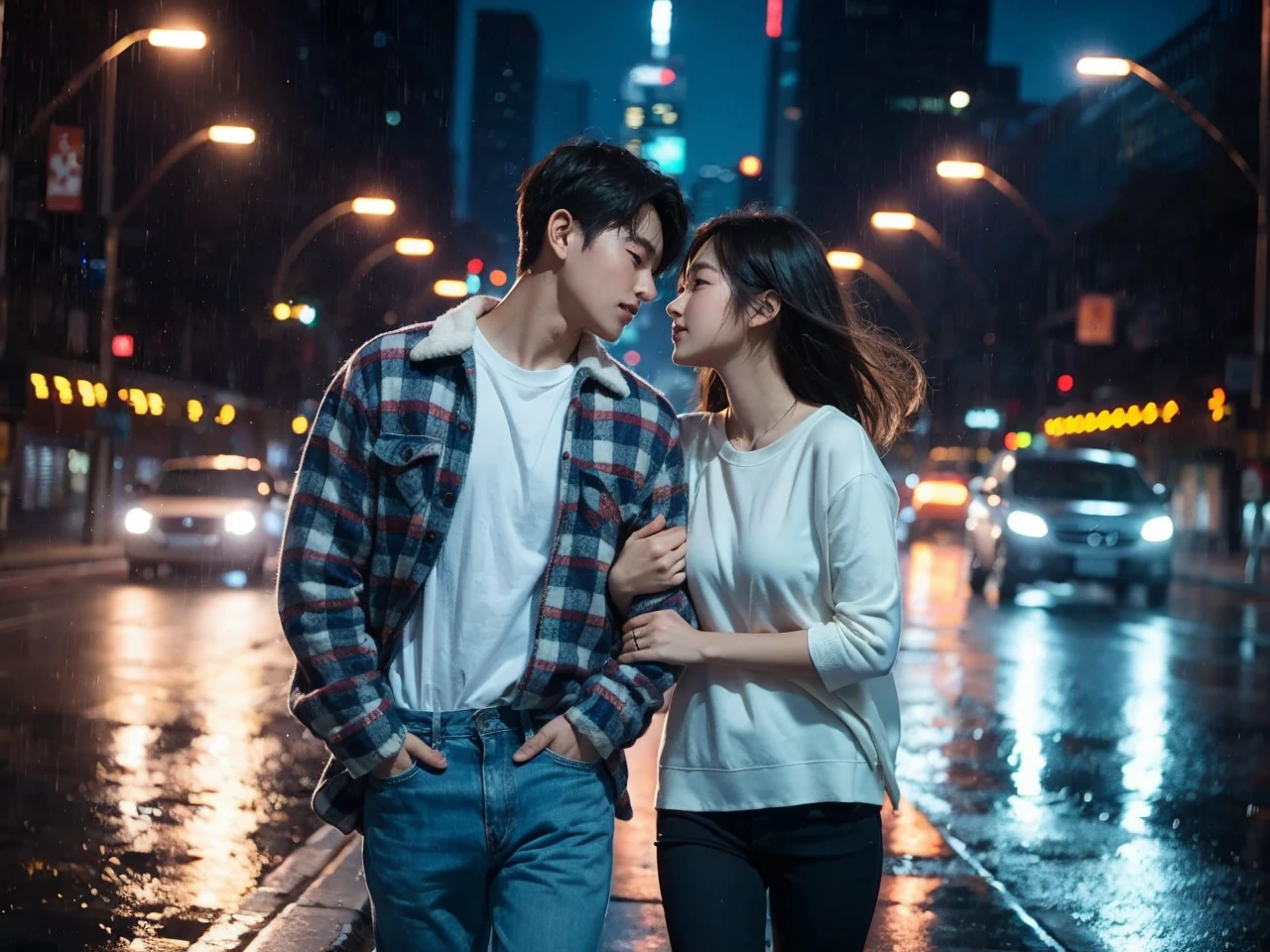 A striking, ultra-detailed image of a young Korean couple strolling hand-in-hand on a bustling night street. The man is dressed in a cozy flannel shirt,

while the woman is clad in a stylish, form-fitting dress. The city lights and traffic signals illuminate their surroundings, casting a warm, inviting glow. The couple's expressions convey a deep connection and passion, as they share a tender moment in the vibrant urban setting.

