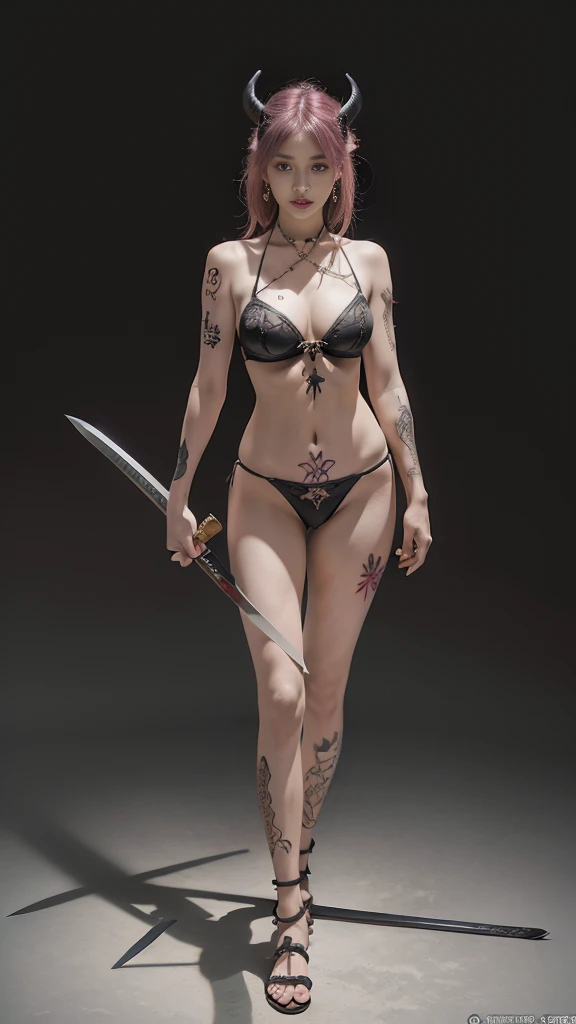 Full body photo of perfect beauty ((Demon Succubus)), Perfect appearance, slim body, ((Big heavy chest)), Shapeless short hair, Pink hair color, Rainbow hair, Small horns, (Wearing skimpy gothic clothing.), Fully functional, Abstract beauty, Near perfect, Pure form, ((Dynamic pose)), Subtle demonic background, ((Dark shadows)), ((Edge lighting)), Greg Rutkowski,  William Waterhouse(Johnliam Waterhouse)and Alphonse Mucha(Alfons Mucha)Conceptual art, Highly detailed, Intricate details, 8K post production, High resolution, Super details, Popular topics on ArtStation, Sharp focus, Depth of field f/1.8, Studio shot, (Girl holding a large odachi sword, holding the handle of the odachi sword in her hand, swinging it over her head: 1.3), (Tattoos, Japanese tattoos all over her body: 1.5), (Very detailed: 1.4), Front view, Looking at the camera, Bamboo grove, Great view, Double teeth, Fangs, Necklace, Earrings,
