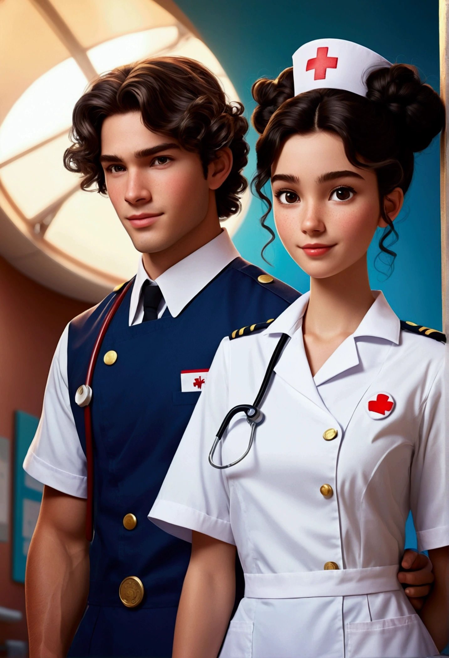 A Disney Pixar style couple, high quality, wavy brown hair nurse with white uniform bun (curly black hair boy) with blue uniform