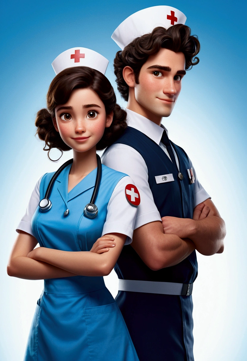 A Disney Pixar style couple, high quality, wavy brown hair nurse with white uniform bun (curly black hair boy) with blue uniform 