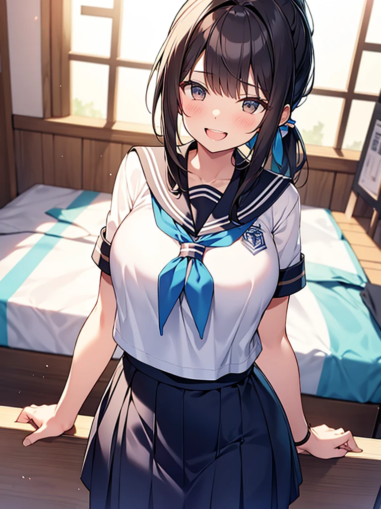 Student council room, dignified smile, open-mouthed laughter, gah-haha laughter, hall々Tall woman standing:1.9 Tall, well-built, adult woman, bottom view, white summer sailor uniform, navy blue skirt, spirit, short black hair, ponytail:1.9 Long hair Straight hair Hair tie Swept bangs to the side:1.9. Slanted eyes, brown eyes, tall, strong-willed, beautiful, large breasts