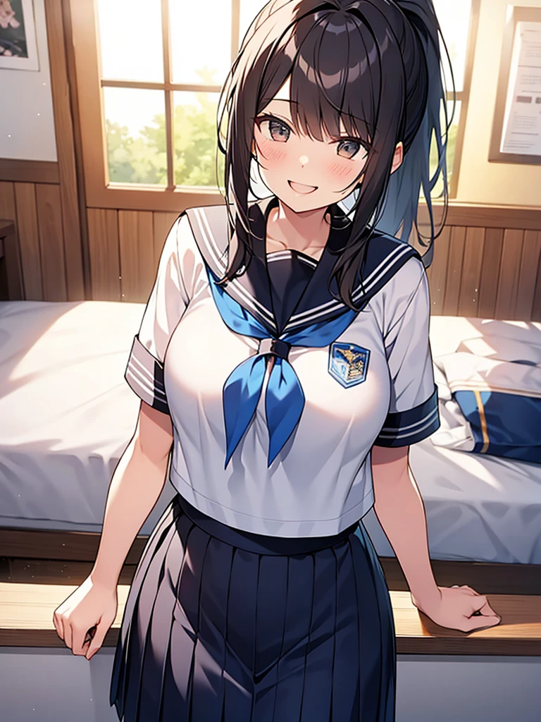 Student council room, dignified smile, open-mouthed laughter, gah-haha laughter, hall々Tall woman standing:1.9 Tall, well-built, adult woman, bottom view, white summer sailor uniform, navy blue skirt, spirit, short black hair, ponytail:1.9 Long hair Straight hair Hair tie Swept bangs to the side:1.9. Slanted eyes, brown eyes, tall, strong-willed, beautiful, large breasts