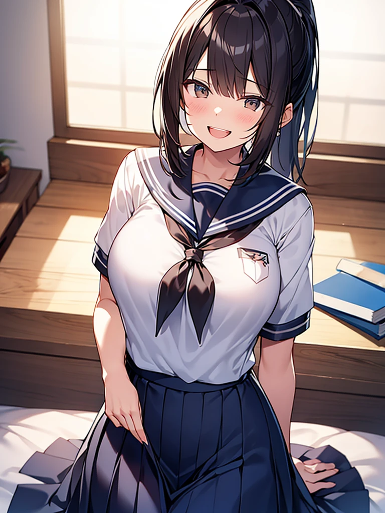 Student council room, dignified smile, open-mouthed laughter, gah-haha laughter, hall々Tall woman standing:1.9 Tall, well-built, adult woman, bottom view, white summer sailor uniform, navy blue skirt, spirit, short black hair, ponytail:1.9 Long hair Straight hair Hair tie Swept bangs to the side:1.9. Slanted eyes, brown eyes, tall, strong-willed, beautiful, large breasts