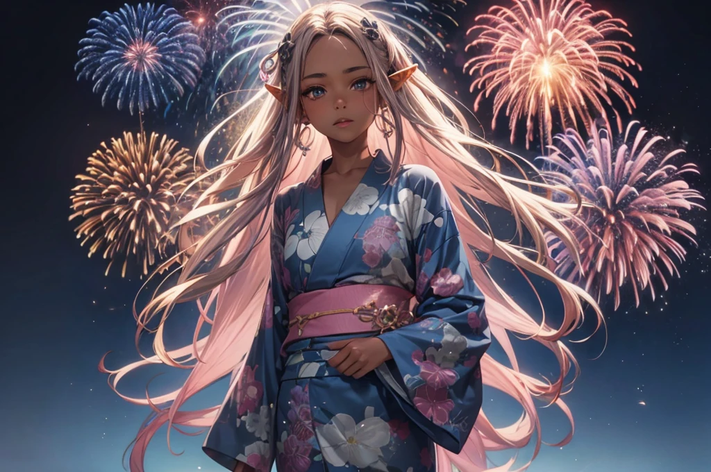 (Heart Shape, many:1.2 fireworks), (dark brown skin, solo:2, 1000 yo, Dreadlocks pink hair long hair sexy elf woman, cool gray eyes, glossy lip, small tits), (in a beautiful yukata with double exposure:1.2 of fireworks), BREAK, 16k, beautiful detailed silhouette.