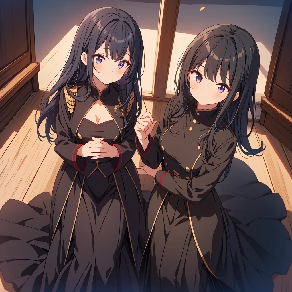 Anime Girls, All Black Uniform, Gold Button, Long skirt, Long black hair with bangs, Iris, beautiful, Small breasts, stoic, thin, Calm, Top View
