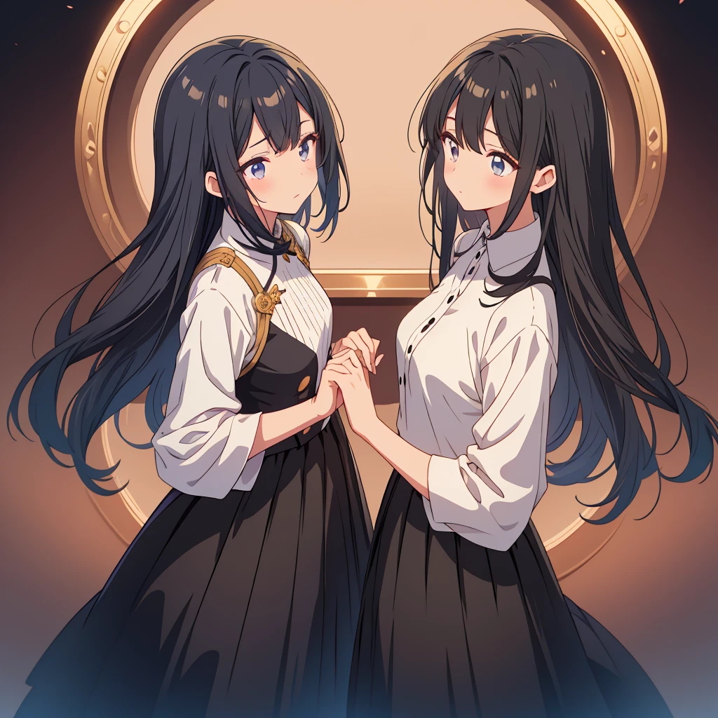 Anime Girls, All Black Uniform, Gold Button, Long skirt, Long black hair with bangs, Iris, beautiful, Small breasts, stoic, thin, Calm, Top View