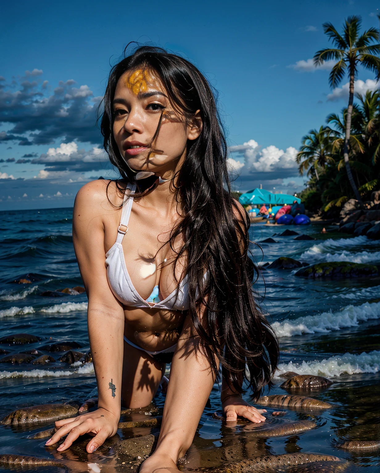 A latina girl with black hair crawling on the beach