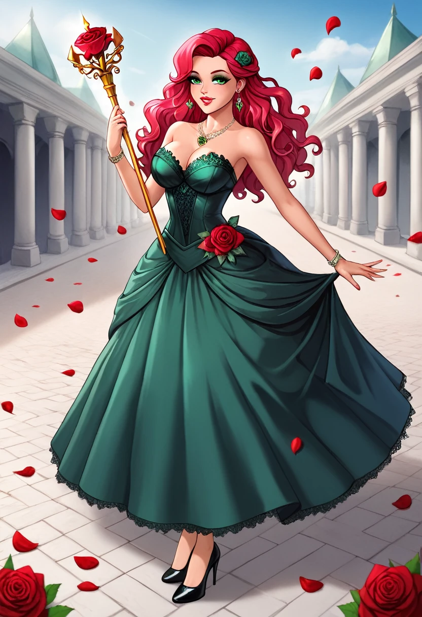 A beautiful girl, A delicate face with fine and harmonious features. Large and expressive green eyes. Long wavy hair, a pale pink color. Little roses in her hair. A long, flowing dress, made with several layers of lightweight fabric that resemble rose petals. The dress is a gradient of pink going from pale pink to dark pink towards the bottom, with delicately embroidered rose motifs. A belt shaped like a green rose stem wrapped around her waist, ending in a blooming rose at the side. Elegant green lace gloves. Delicate shoes in the shape of rose petals, in a color to match the dress. The heels are decorated with small red roses. A fine necklace with a pendant in the shape of a blooming rose. Bracelets shaped like rose stems wrapped around her wrists. Light makeup with pink undertones on the eyelids and cheeks. The lips are made up a deep red. A scepter shaped like a rose stem with a large rose in bloom at the top. Masterpiece, UHD
