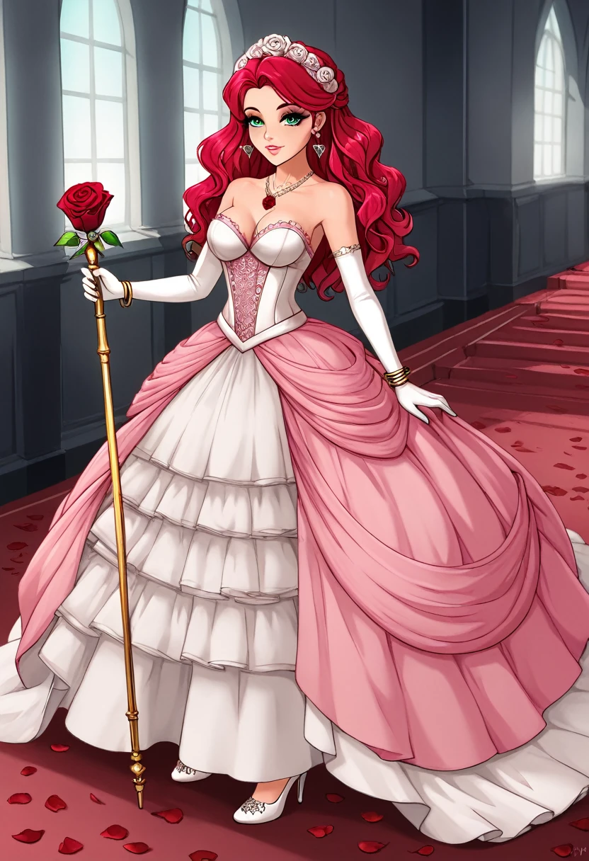 A beautiful girl, A delicate face with fine and harmonious features. Large and expressive green eyes. Long wavy hair, a pale pink color. Little roses in her hair. A long, flowing dress, made with several layers of lightweight fabric that resemble rose petals. The dress is a gradient of pink going from pale pink to dark pink towards the bottom, with delicately embroidered rose motifs. A belt shaped like a green rose stem wrapped around her waist, ending in a blooming rose at the side. Elegant green lace gloves. Delicate shoes in the shape of rose petals, in a color to match the dress. The heels are decorated with small red roses. A fine necklace with a pendant in the shape of a blooming rose. Bracelets shaped like rose stems wrapped around her wrists. Light makeup with pink undertones on the eyelids and cheeks. The lips are made up a deep red. A scepter shaped like a rose stem with a large rose in bloom at the top. Masterpiece, UHD