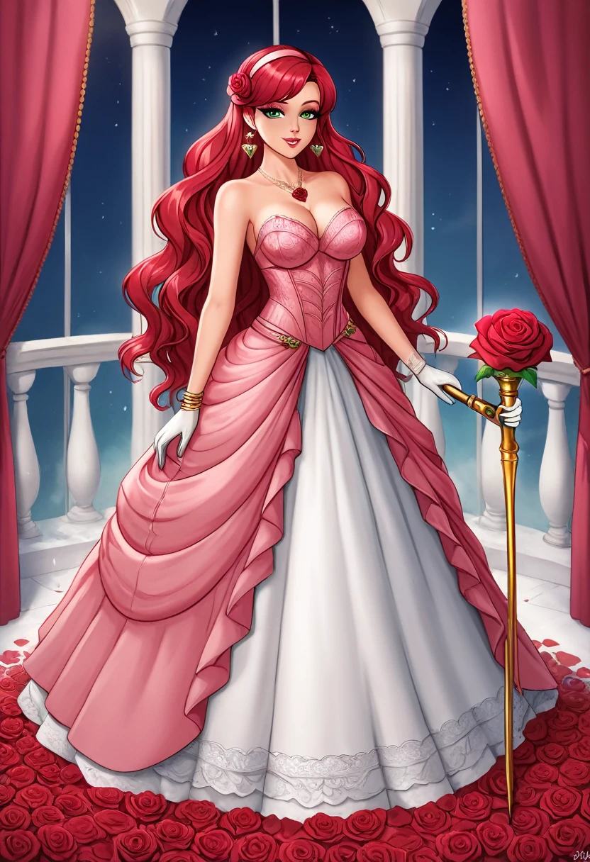 A beautiful girl, A delicate face with fine and harmonious features. Large and expressive green eyes. Long wavy hair, a pale pink color. Little roses in her hair. A long, flowing dress, made with several layers of lightweight fabric that resemble rose petals. The dress is a gradient of pink going from pale pink to dark pink towards the bottom, with delicately embroidered rose motifs. A belt shaped like a green rose stem wrapped around her waist, ending in a blooming rose at the side. Elegant green lace gloves. Delicate shoes in the shape of rose petals, in a color to match the dress. The heels are decorated with small red roses. A fine necklace with a pendant in the shape of a blooming rose. Bracelets shaped like rose stems wrapped around her wrists. Light makeup with pink undertones on the eyelids and cheeks. The lips are made up a deep red. A scepter shaped like a rose stem with a large rose in bloom at the top. Masterpiece, UHD