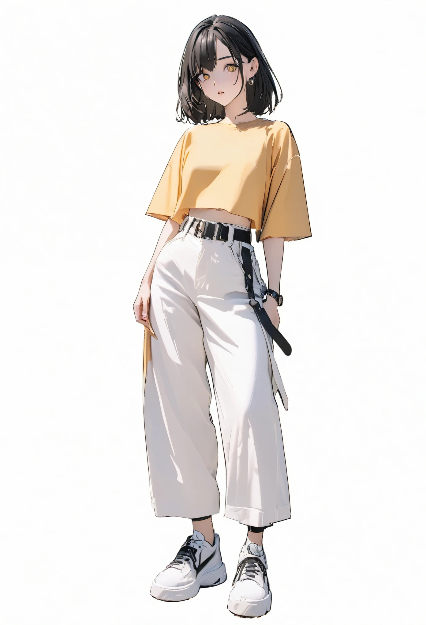 (Best, highest quality: 1.2, 8K), Center, Full body, 20s, 1 adult female, cool yellow shirt, white wide pants, simple sneakers, simple background, white back, eyes open, delicate eyes, beautiful eyes ,