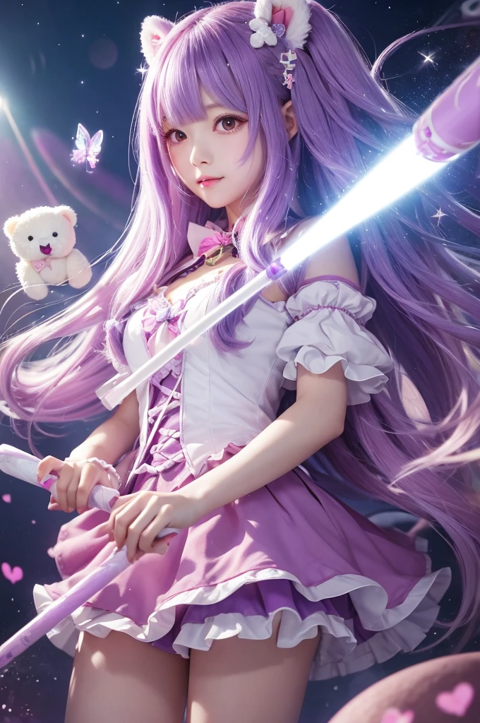 An illustration、high resolution、Magical girl、Long Hair、Light purple hair、Stuffed white bear、Magic Stick