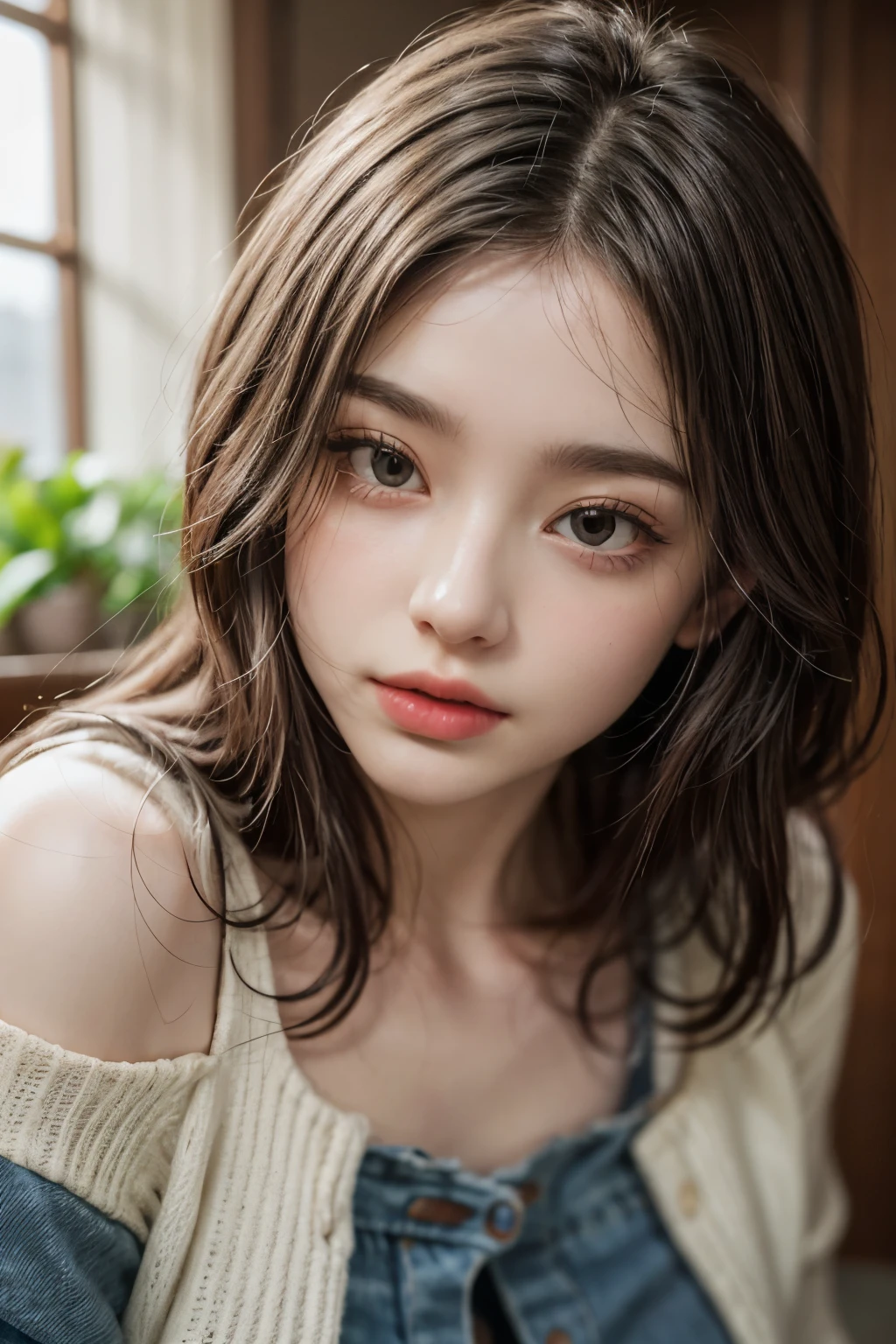 In detail, High resolution, In 8K、Brown Hair,Photorealism, Tabletop, Wavy Hair, Open your mouth, Very detailed, Off the shoulder,1 girl