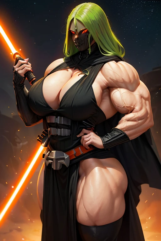 ((Massive, tall, beautiful, buff, muscular light brown skinned female Sith Lord with green hair, black lipstick, ginormous bulky muscles, carrying a red lightsaber and wearing a tiered gothic dress with a Sith hood)), (close view), black eyeliner, (massive muscles), massive biceps, hyper muscle triceps, long curvy hair, (((glowing orange eyes))), ((tiered gothic dress)), thigh high boots, In space, (Sith hood), nighttime, (evil smile), hyper muscles arms, hyper muscle legs, massive arms