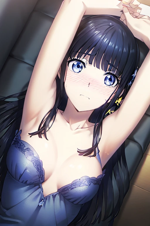 miyukishiba miyuki shiba (azure eyes:1.7), dark black long hair,  (ample chest:1.2), raised arms, embarassed face, blushing, gasping (tied up)
BREAK collarbone, very short and low-cut negligee, bare arms, bare shoulders, bare legs
BREAK looking at viewer, BREAK hands reaching to grab her
BREAK indoors,
BREAK (masterpiece:1.2), best quality, high resolution, unity 8k wallpaper, lying on bed with arms up (illustration:0.8), (beautiful detailed eyes:1.6), hips thrusting, extremely detailed face, perfect lighting, extremely detailed CG, (perfect hands, perfect anatomy),