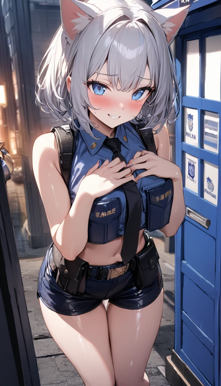 1girl、(((best quality)), ((masterpiece)), (details), masterpiece, best quality, high quality, ulutra detailed, perfect face, ((1girl, Blue eyes, cat ears: 1.3 silver bob hair: 2.5,)) 、Shiny Hair、Glowing Skin、blush、Lustful look、whole body、Police Officer Costume、Police officer shorts、Shoulder Holster、Black stiletto heels、Embarrassed smile、Raise the Japanese sword with both hands、police box、Police Station Background、whole body