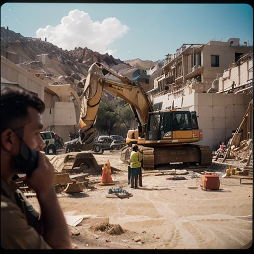 cinematic photo analog film photo scifi ( Dynapac 2500B yellow 1:1) raw, summer hot, strormy clouds, cinematic, mist, volumetric lights shiny, dusty sand new, dynamic view, construction site, detailed, rocks, road desert
(crowd of people:1.1), (construction workers behind set:1.2) . faded film, desaturated, 35mm photo, grainy, vignette, vintage, Kodachrome, Lomography, stained, highly detailed, found footage . 35mm photograph, film, bokeh, professional, 4k, highly detailed