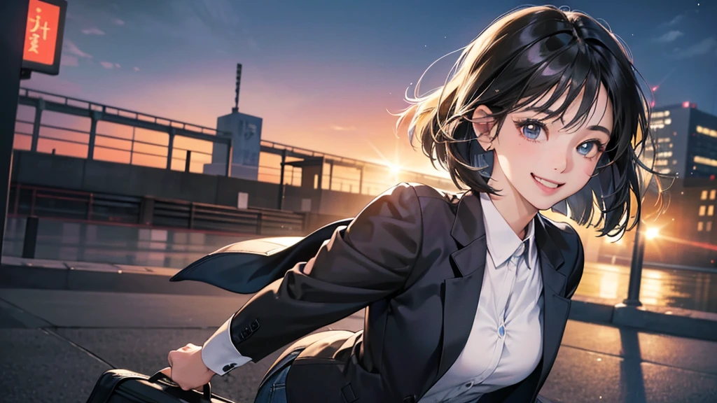 (perfect anatomy:1.2)(absurdres, highres, ultra detailed),masterpiece,best quality,high resolution,8k,Realistic face,Realistic skin texture,magnified textures, stunning clarity,detailed anime girl,(ultra detailed eyes and face),(1 girl:1.5)21years old,she is office worker,,black hair, bob cut,natural make,grey jacket,grey pants,white brouse,sparkling eyes.small nose,roundface,(shinjuku train station),night,bussines district,she is walking,(looks happy:1.5),feeling freedom,(smile:1.5),look at viewer,upper body,she's waving bye-bye