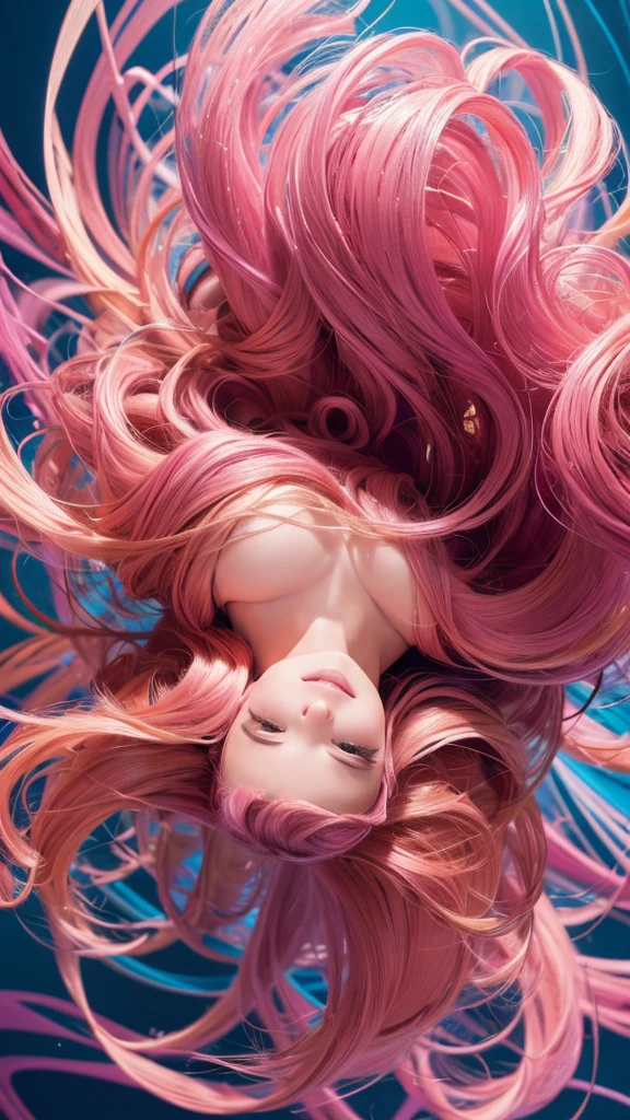 ((masterpiece:1.2, Highest quality)), Super detailed, Ultra-precise depiction, Super high-definition description, (Tangled:1.2), (Dynamic pose), (Abstract background:1.5), Wavy long hair, Pink Hair, One girl, colorful, Portraiture, (From above:1.2)
