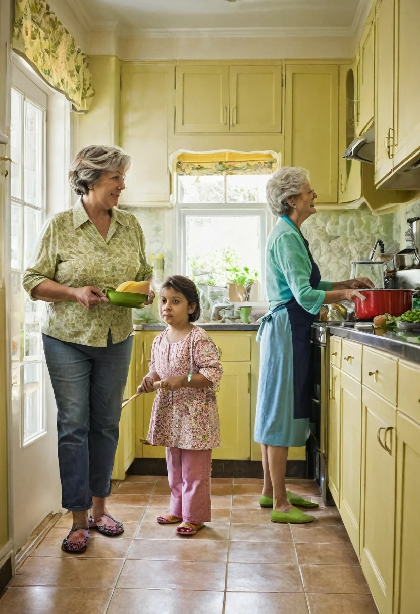 [Prompt de imagem: "Child standing about in the kitchen, stirring in a pan next to middle aged woman"]