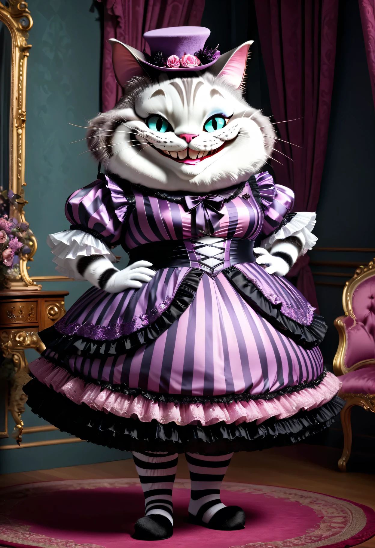 photorealistic portrait of Dressed animals-a ((fat)) ((Cheshire cat)) princess,(furry), (elegant pose:1.5), (hands on hips:1.5),(smile:1.5),high quality,(),(lovely) ,intricate details, Wearing Gothic & Lolita dress , ( brim), highly detailed ((dress with frills and ribbon)) ,highly detailed accessories, high sox , (happy), soft lighting,(full body image:2.0),in Rococo style room background,,score_9, score_8_up, score_7_up, score_6_up, score_5_up, score_4_up,